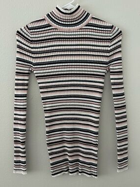 T Tahari Ribbed Striped Mock Neck Sweater Top Women’s S 90s Y2K Style Pink Grey